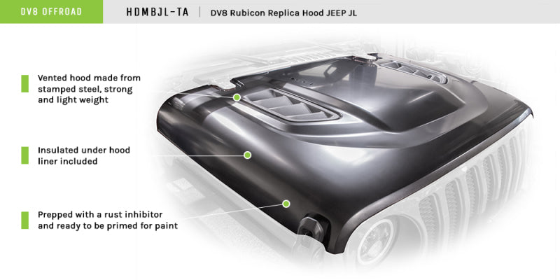 DV8 Offroad HDMBJL-TA Rubicon Replica Hood for 2018-2025 Jeep Wrangler JL/JLU and Gladiator JT