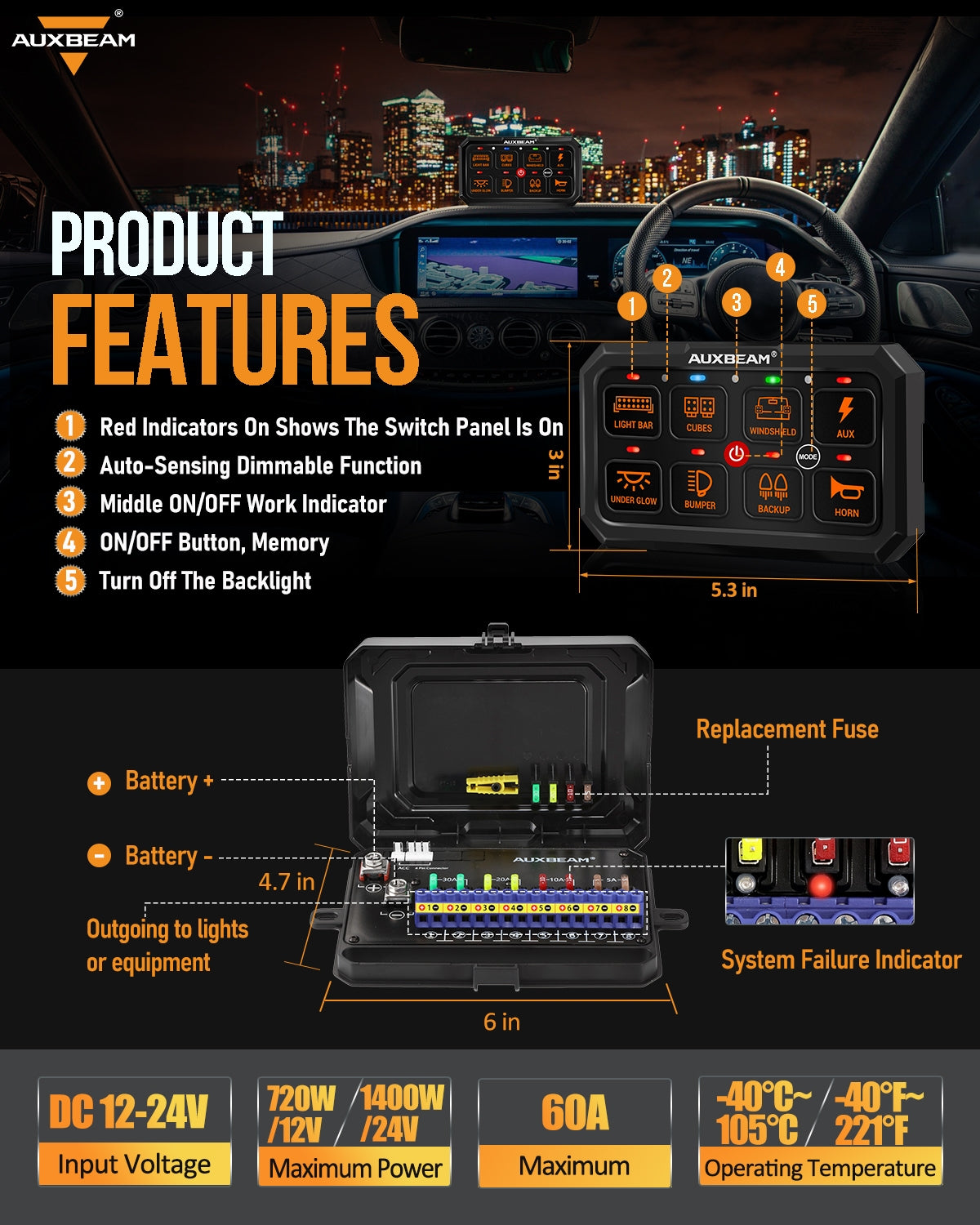 RGB Series 8 Gang (RA80 XL) Switch Panel, Larger Size, Toggle/ Momentary/ Pulsed Mode Supported