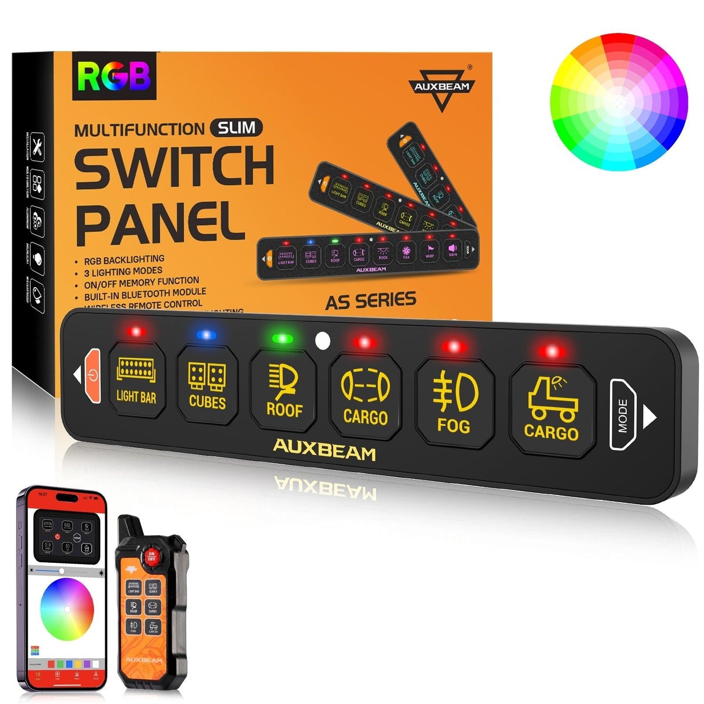 AS Series 6 Gang (AS-600) RGB Slim Switch Panel with APP&Remote Control, Toggle/ Momentary/ Pulsed Mode Supported(One-Sided Outlet)