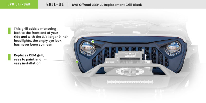 DV8 Offroad GRJL-01 Angry Replacement Grille for Jeep Wrangler JL and Gladiator JT