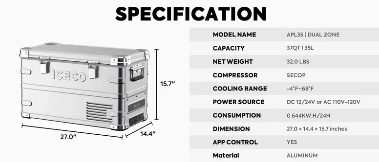 ICECO APL35 Dual Zone Aluminum Fridge 35 LT