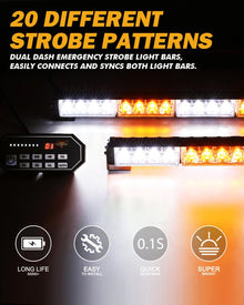17" Dual LED Directional Emergency Traffic Advisor Light Bars 20 Flashing Patterns with Suction Cup Mount for Vehicles Trucks SUV ATV Car