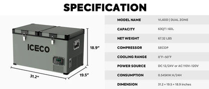 ICECO VL60 Dual Zone Metal Freezer with Cover 60LT