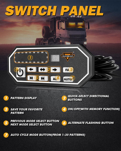 17 Inch Dual Visor Amber Strobe Light Bar 20 Flashing Patterns with Controller Switch Panel for Vehicles Trucks SUV ATV Car