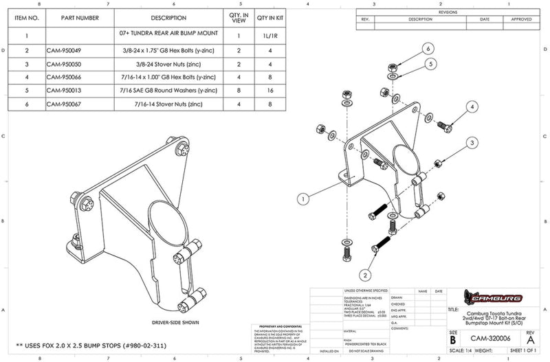 Camburg CAM-320006 Toyota Tundra Bolt-On Rear FOX Bump Stop Mount Kit, 2WD/4WD, 2007-2021