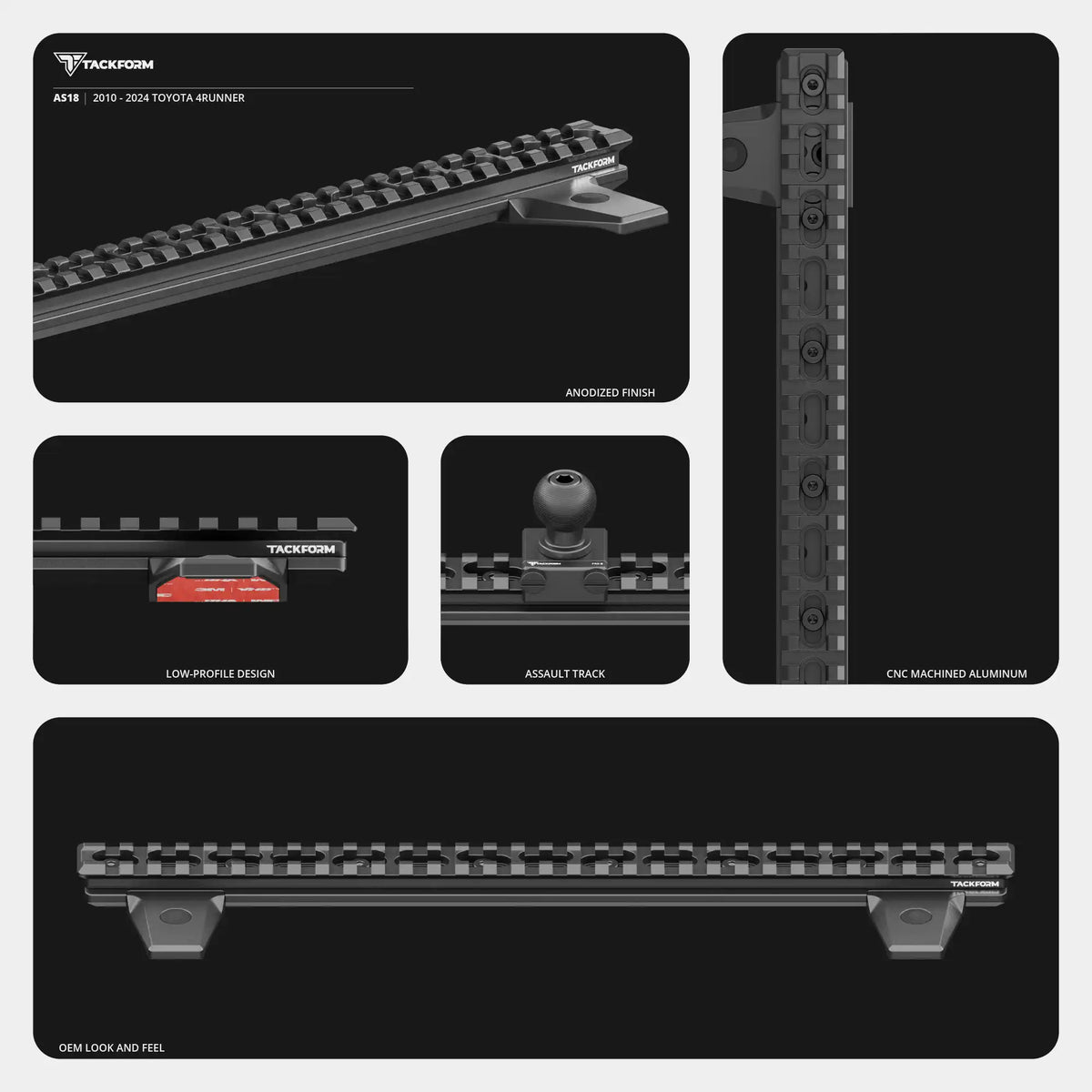 2010-2024 Toyota 4Runner Tackform Assault Track Picatinny Dash Bracket With MagSafe Phone, CB Radio Microphone, and GoPro/Action Cam Holders