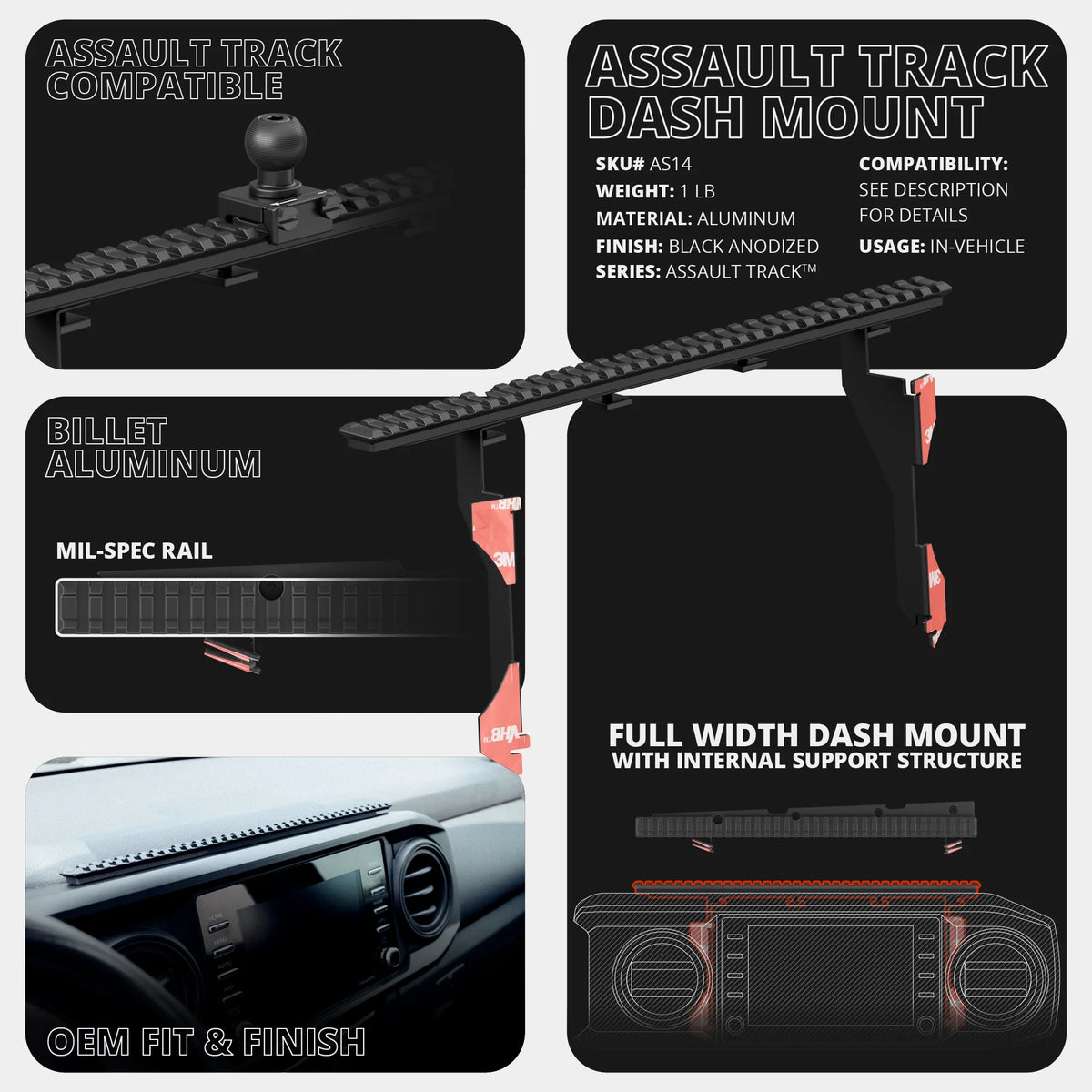 2016-2023 Toyota Tacoma Tackform Assault Track Picatinny Dash Bracket Kit
