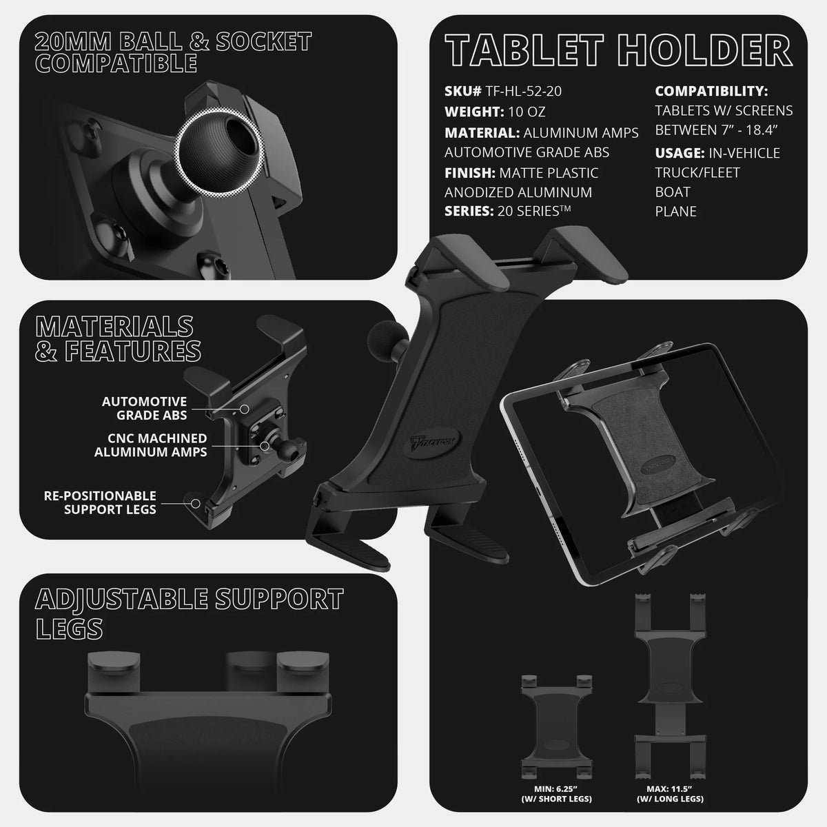 2016-2023 Toyota Tacoma Tackform Slim Track Dash Bracket With 20LITE Phone & Tablet Mounts