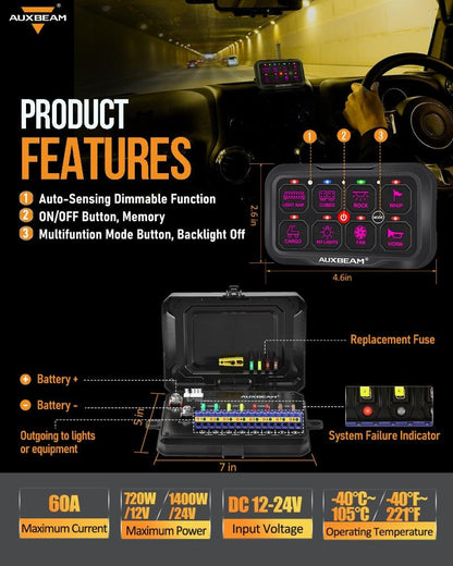 AR Series 6/8 Gang LED Switch Panel,Off Road Light Controller