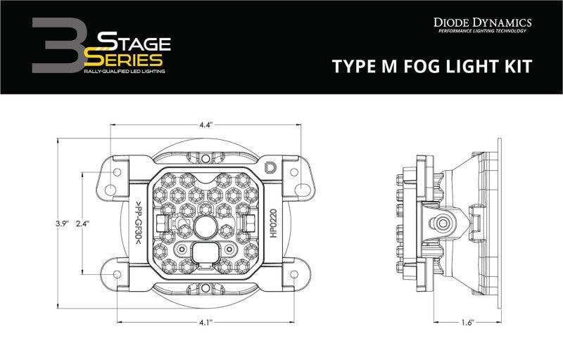 Diode Dynamics SS3 Max Type M Fog Light Bracket Kit with Amber Backlight, White SAE Fog, Part DD7049