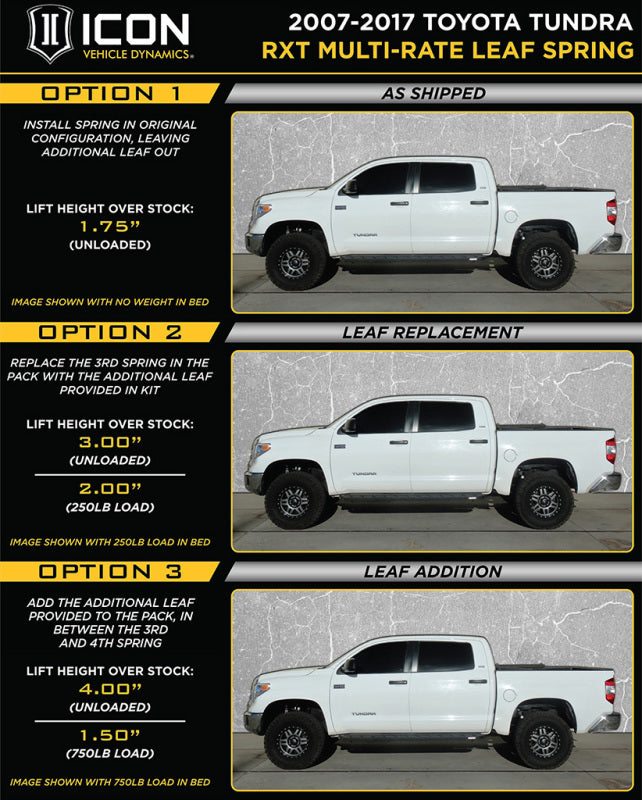 ICON Multi-Rate RXT Rear Leaf Pack with Add-In Leaf for 2014-2016 Toyota Tundra, Part 158509