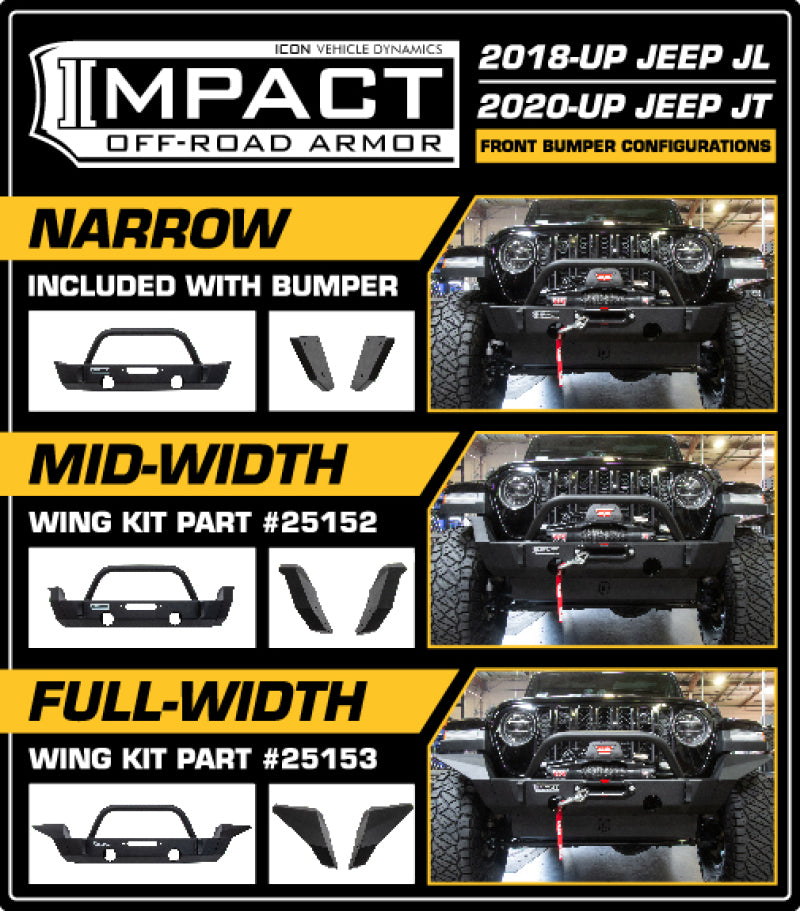 ICON 25153 Full Width Wings for Impact Series Front Bumper, 2018+ Jeep Wrangler JL and 2020+ Jeep Gladiator JT